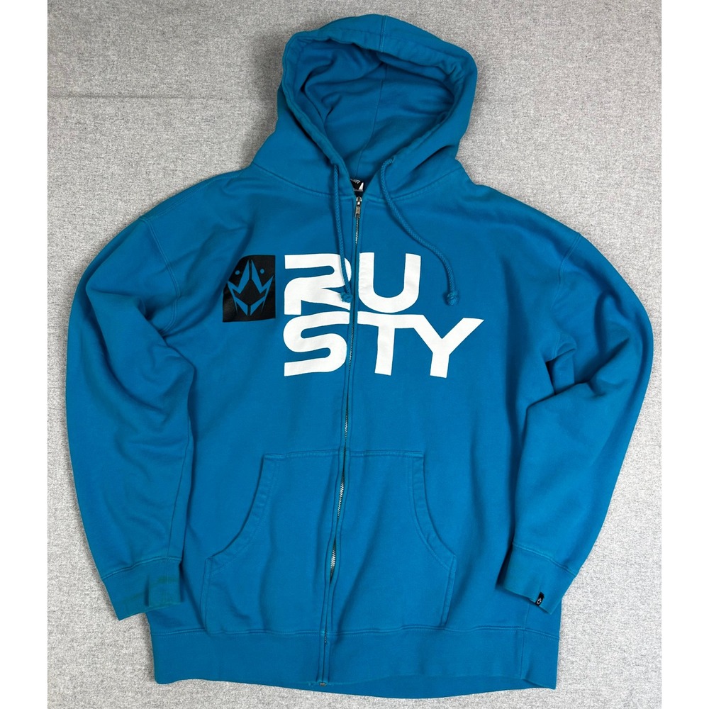 VTG Rusty Full Zip Graphic Hoodie Mens XL Blue Logo Skater Surf Sweatshirt‎ 90s